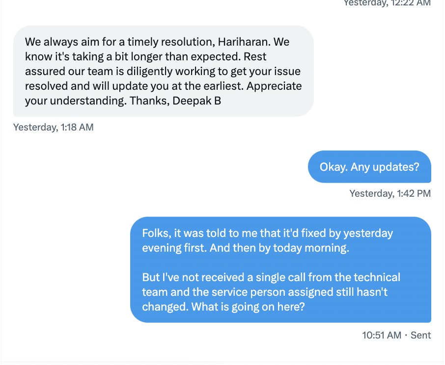 varunnatraaj's tweet photo. @airtelindia @Airtel_Presence Sick and tired of your false statements and empty promises.  For a simple case of the internet not working, I've been following up for 5 days now via 121 &amp; Twitter with no resolution till now

Used to be a happy customer but not anymore

Thread 👇 https://t.co/EF8L3AuRiM