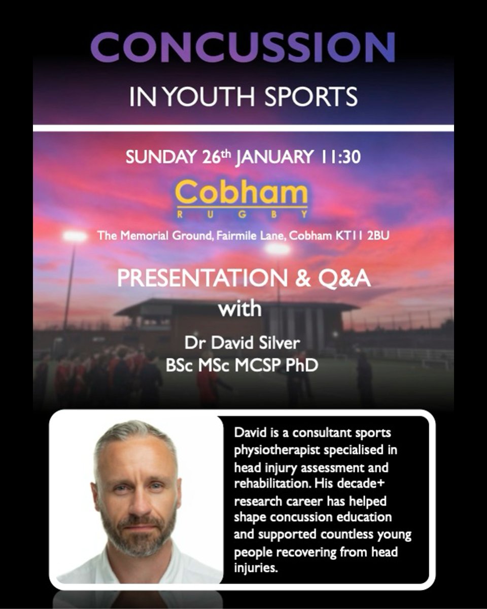 Cobham RFC (@cobhamrfc) on Twitter photo EVENT - Concussion is a concern for everyone in rugby. To help us understand and handle it better, Dr David Silver is holding a Q&A session - join us.
📆 Sun 26 Jan
🕦 11:30
Cobham is very lucky to have Dr Silver in our club - athenaphysio.com <a href="/AthenaPhysio/">David Silver MCSP</a> EVENT - Concussion is a concern for everyone in rugby. To help us understand and handle it better, Dr David Silver is holding a Q&A session - join us.
📆 Sun 26 Jan
🕦 11:30
Cobham is very lucky to have Dr Silver in our club - athenaphysio.com <a href="/AthenaPhysio/">David Silver MCSP</a>