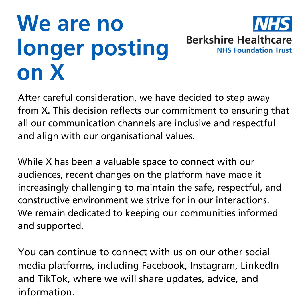 After careful consideration, Berkshire Healthcare has decided to step away from X. Please find the Trust's statement below. You can find us on our other social media channels or visit our website: 

orlo.uk/yQ1gG’.