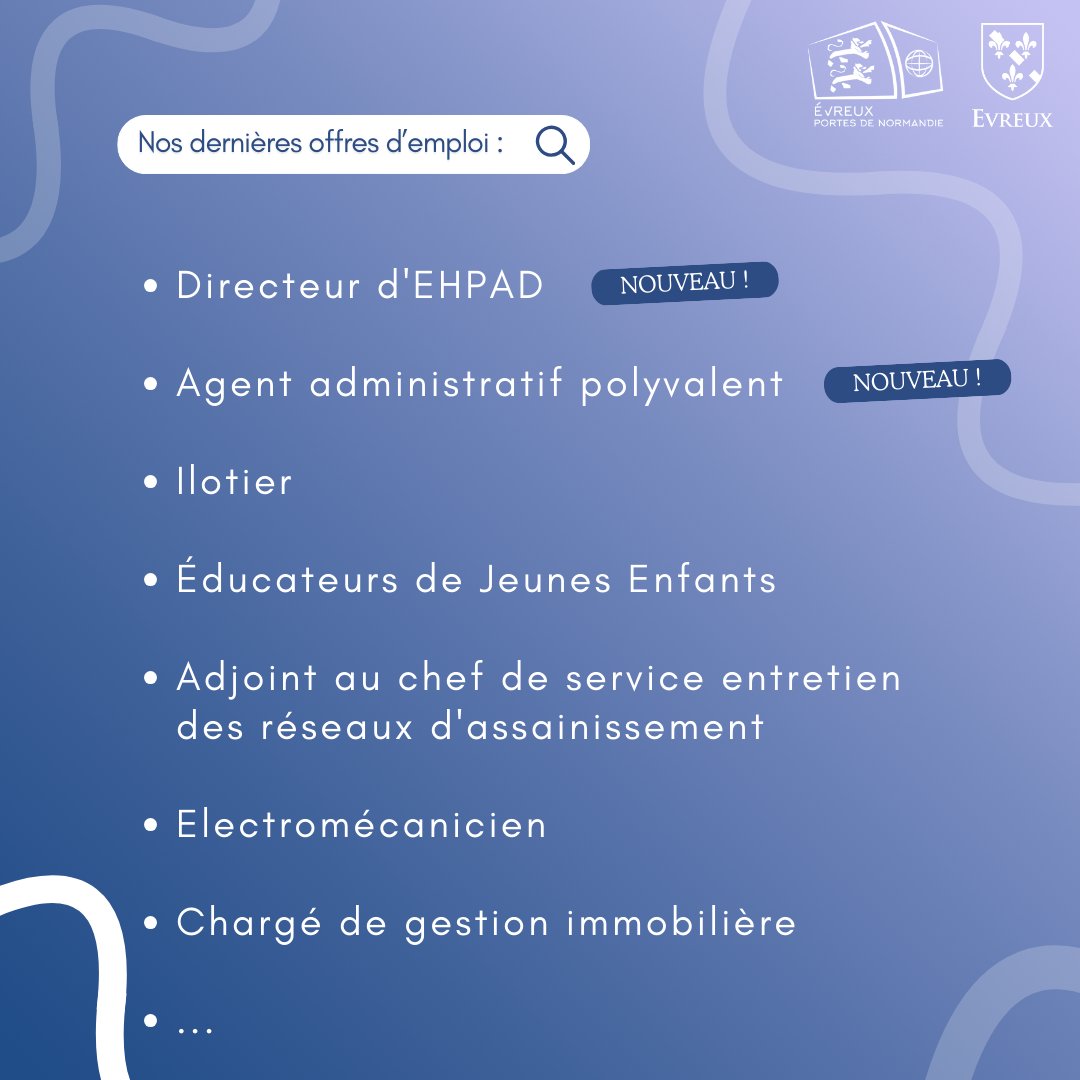 [#EMPLOI]

#Evreux et #aggloevreux recrutent !

&gt; Nouvelles offres : Directeur d'EHPAD

&gt; Offres en cours : Chauffeur balayeuse / Infirmier SSIAD / ...

👉 Pour postuler, envoyez votre CV et lettre de motivation ⤵️
evreuxportesdenormandie.fr/285-evreux-por…

#offreemploi