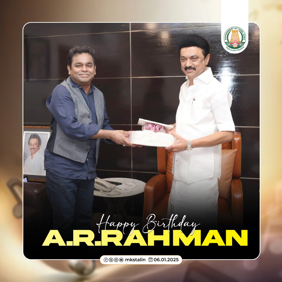 mkstalin's tweet photo. மனதின் வெறுமைகளை எல்லாம் தன் இசையால் இட்டு நிரப்பும் ஈடில்லாக் கலைஞன், இந்திய இசையை உலகெங்கும் கொண்டு சேர்த்த புயல், அன்பு இளவல் @arrahman அவர்களுக்கு என் உளங்கனிந்த பிறந்தநாள் நல்வாழ்த்துகள்!

இசைபட வாழ்க! #HappyBirthdayARRahman https://t.co/dI0b7Gf0h7