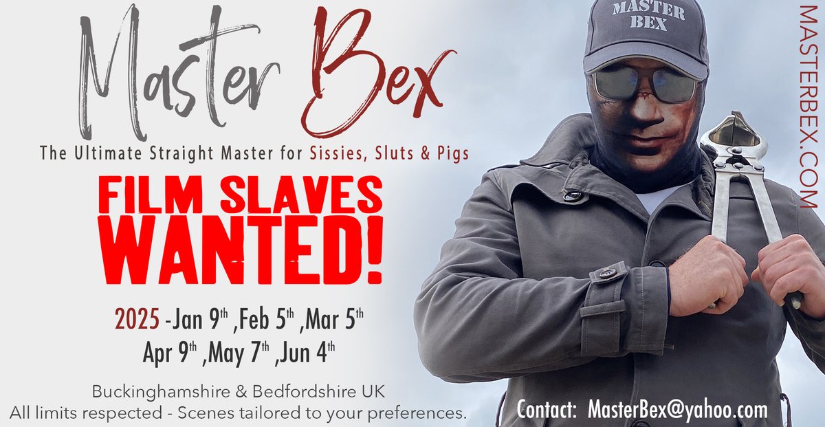 FILM SLAVES WANTED
Beds/Bucks UK
All limits respected, scenes tailored to you!
Jan 9th
Jan 16th <a href="/ValentinaBoux/">Madam Valentina🎀</a>
Feb 5th
Feb 13th <a href="/kiittymarie/">KittyMarie bday 23/01 🎂</a>
Mar 5th
Mar 13th @Eva_Ray_X
Apr 9th
May 7th
Jun 4th

DM for info
Clips4sale.com/150789
OnlyFans.com/MasterBex
Fetlife.com/users/10975835