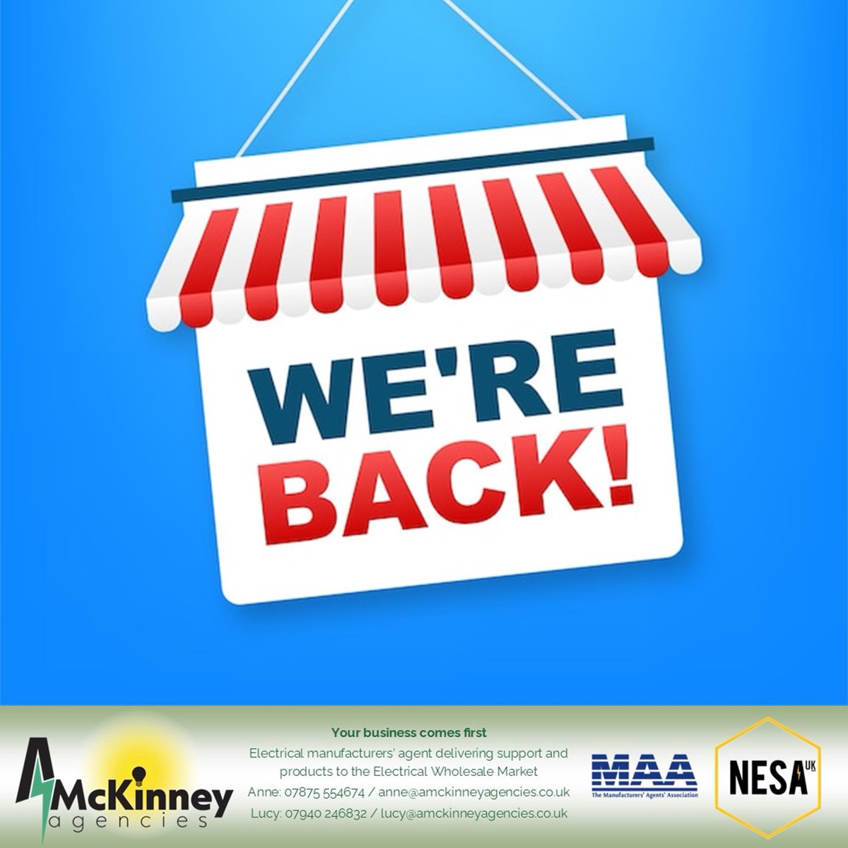We're back &amp; excited to work with you all in 2025!!
If you need assistance with quotes, site visits, trade events, training or anything else give us a call or send us an email. 
📞Anne 07875 554674
📨anne@amckinneyagencies.co.uk 
📞Lucy 07940 246832
📨lucy@amckinneyagencies.co.uk