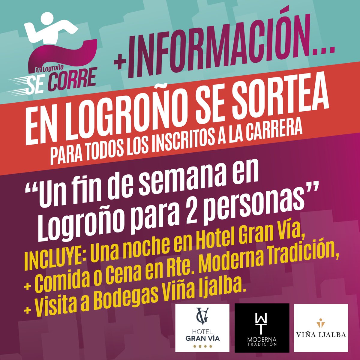 ¿Sabes que solo por inscribirte en la carrera En Logroño se Corre puedes ganar un fin de semana para dos personas en Logroño?

Supersorteo entre los inscritos en 5K, 10K y marcha 5K.

Apúntate en: avaibooksports.com/inscripcion/en…
