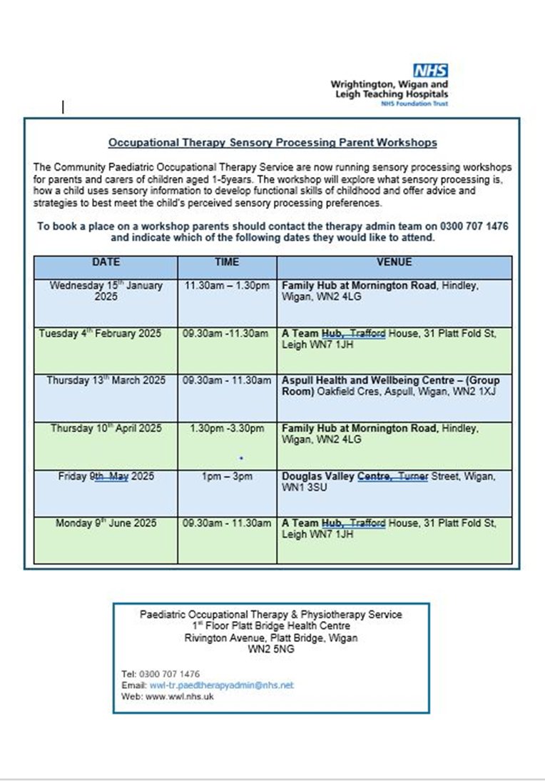 #free #workshops OT #Sensoryprocessing for #parents #wigan #leigh to book a place on your chosen date call the Therapy Admin team on 0300 707 1476