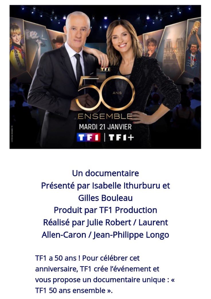 Jean-Philippe Longo (@jphilippelongo) on Twitter photo Joyeux anniversaire <a href="/TF1/">TF1</a> qui fête ses 50 ans aujourd’hui !
Très heureux de faire partie de la fête pour célébrer cet événement : Rdv le 21 janvier à 21h10 avec <a href="/IsaIthurburu/">Isabelle Ithurburu</a> & <a href="/GillesBouleau/">Gilles Bouleau</a> ! Joyeux anniversaire <a href="/TF1/">TF1</a> qui fête ses 50 ans aujourd’hui !
Très heureux de faire partie de la fête pour célébrer cet événement : Rdv le 21 janvier à 21h10 avec <a href="/IsaIthurburu/">Isabelle Ithurburu</a> & <a href="/GillesBouleau/">Gilles Bouleau</a> !