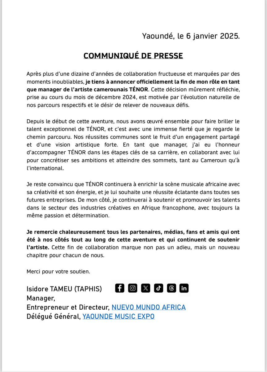 Fin de collaboration avec l’artiste TENOR.