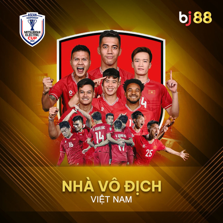 BJ88_vnm's tweet photo. Xin chúc mừng Việt Nam🇻🇳 đã trở thành nhà vô địch AFF CUP 2024 sau khi đánh bại Thái Lan 🇹🇭 với tỷ số 5-3 trong trận chung
#BJ88 #Bj88Vietnam #ChampionAFFCUP #LPBank #VLeague1 #Season20242025 https://t.co/rNuLQI7Qbr