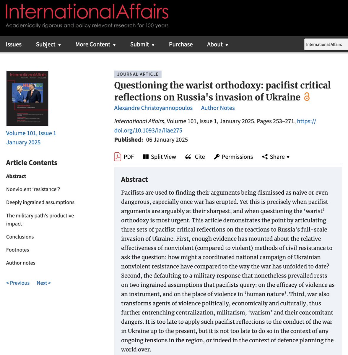 Alexandre Christoyannopoulos 🎓🗣️☮️✊🏴🏳️🇪🇺🌍 (@alex_christoy) on Twitter photo 📢 new 📰 in <a href="/IAJournal_CH/">International Affairs</a> articulating #pacifist critique of reactions to Russian invasion of #Ukraine ➡️ doi.org/10.1093/ia/iia… #nonviolence #pacifism #war #Russia #NATO #militarism 📢 new 📰 in <a href="/IAJournal_CH/">International Affairs</a> articulating #pacifist critique of reactions to Russian invasion of #Ukraine ➡️ doi.org/10.1093/ia/iia… #nonviolence #pacifism #war #Russia #NATO #militarism