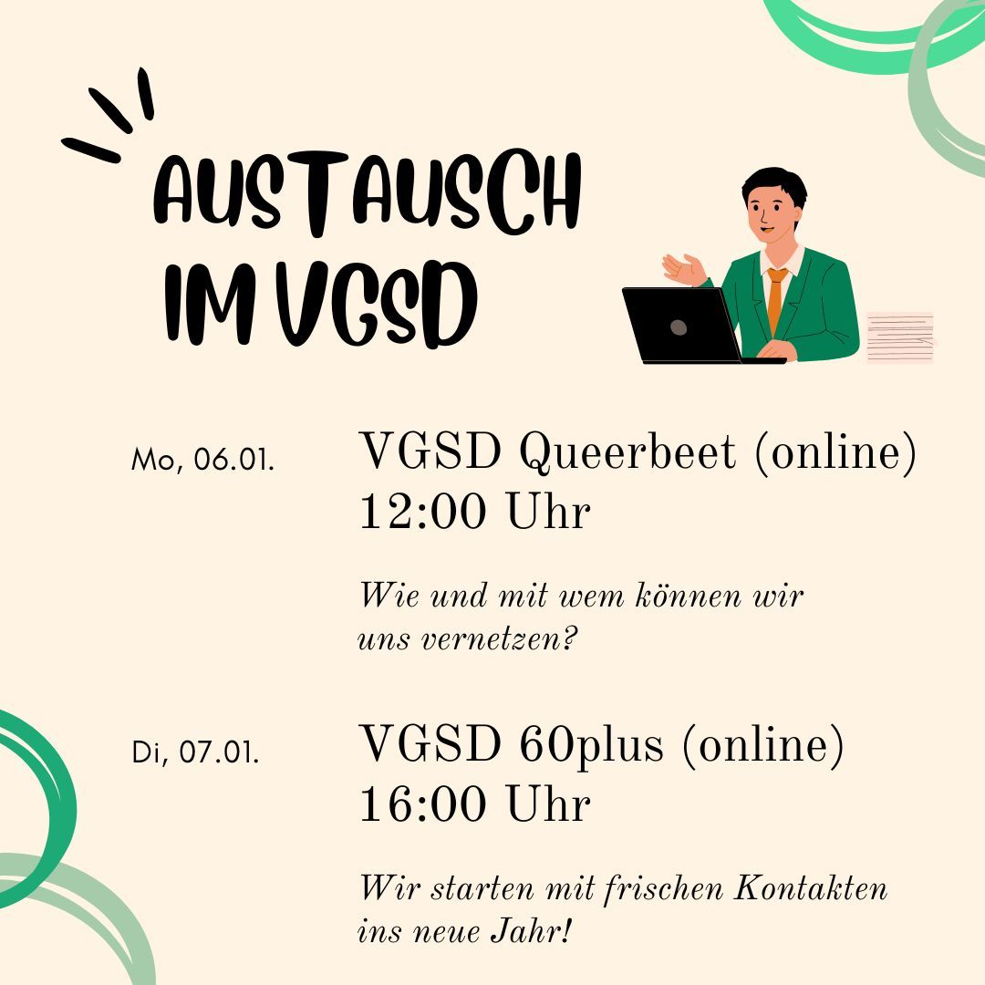 👉  Diese Woche steht im VGSD ganz im Zeichen unserer Interessengruppen! Zum Start ins neue Jahr treffen sich die Queerbeet- und die 60plus-Gruppe zum gemeinsamen Austausch und Netzwerken. Melde dich jetzt an!

#vgsd#selbstständig#regionalgruppen#netzwerken#austausch#kontakte