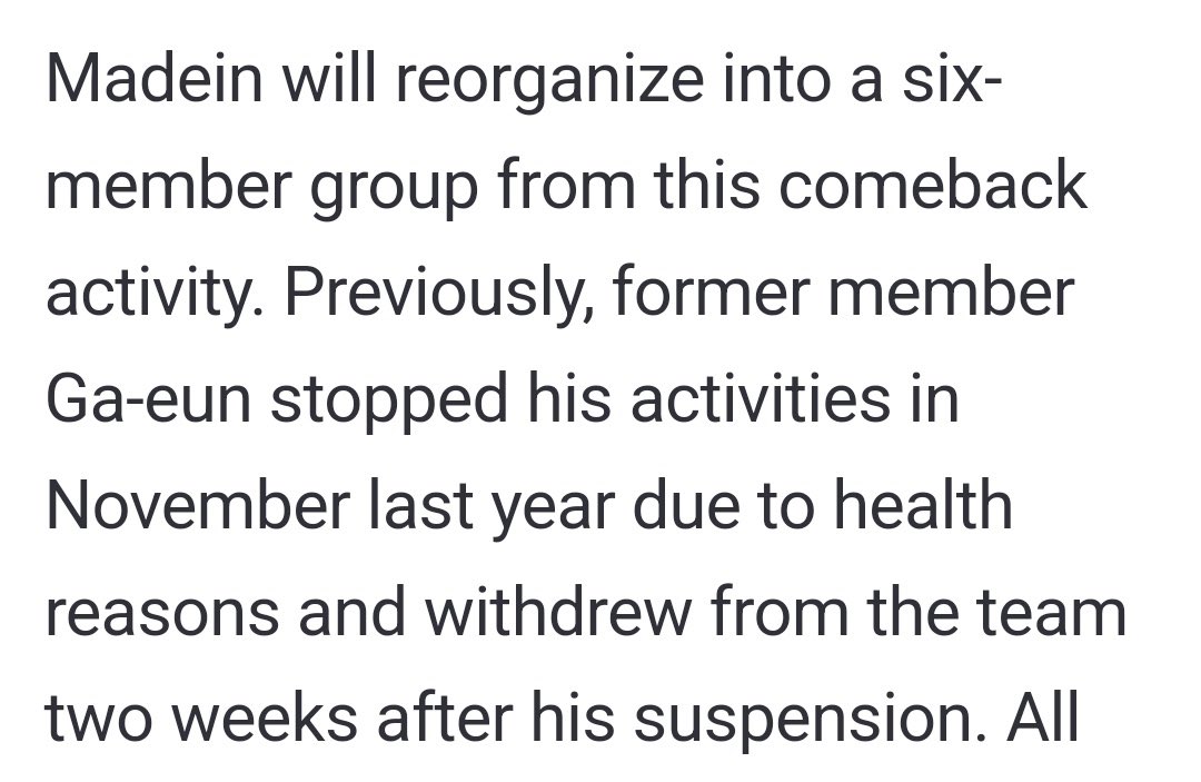ily2seo's tweet photo. this article about the ot6 madein february comeback mentioning how gaeun left because of “health reasons” and nothing else.

they are trying so hard to erase everything gaeun had previously said. please dont let gaeun’s efforts go in vain and keep being loud about this case 🙏 https://t.co/UXw5PTiayc
