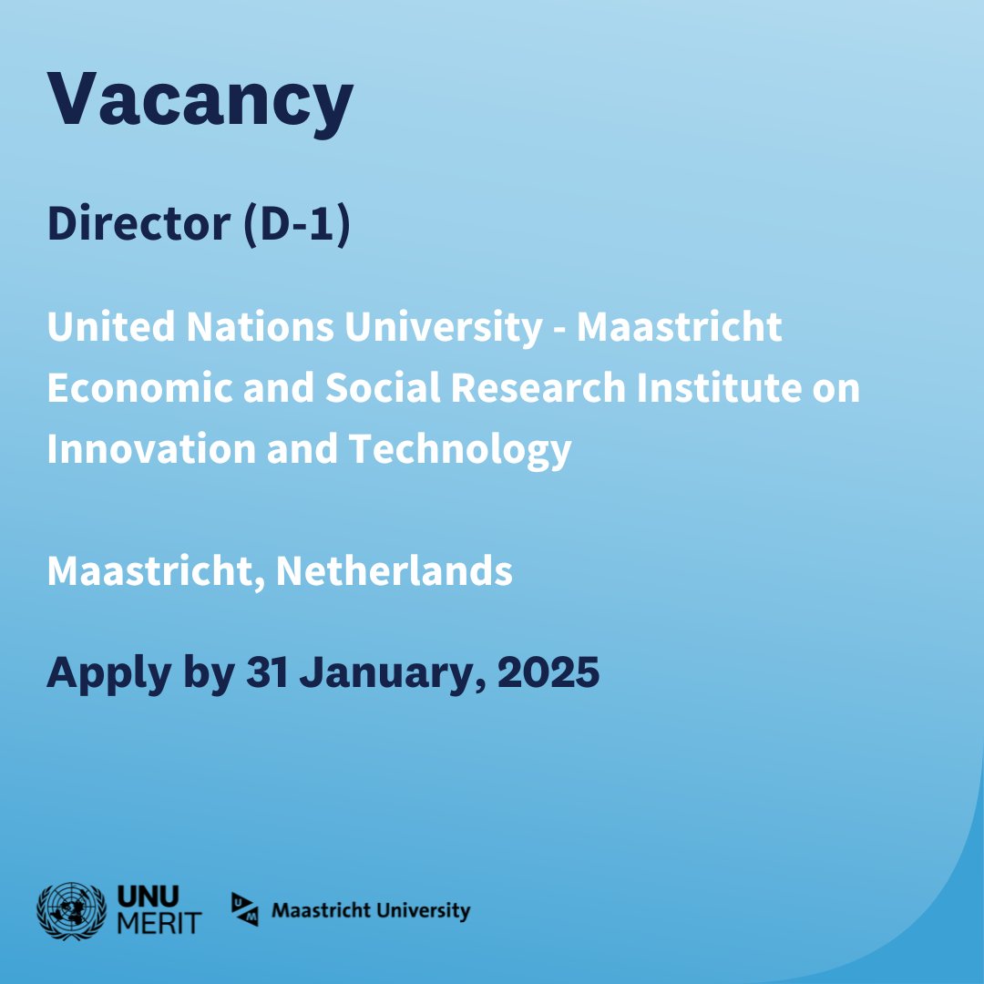 United Nations University - MERIT (@unumerit) on Twitter photo 🔴 VACANCY: Director (D-1) 🇺🇳
Join UNU-MERIT, a partnership of <a href="/UNUniversity/">UN University</a> & <a href="/MaastrichtU/">Maastricht University</a>. Lead our institute, drive research, & build partnerships to tackle global challenges.
🗓️ Apply by: 31 Jan 2025
📍 Maastricht, Netherlands
🌐 buff.ly/3Dz8ZEU
#UNJobs #Vacancy 🔴 VACANCY: Director (D-1) 🇺🇳
Join UNU-MERIT, a partnership of <a href="/UNUniversity/">UN University</a> & <a href="/MaastrichtU/">Maastricht University</a>. Lead our institute, drive research, & build partnerships to tackle global challenges.
🗓️ Apply by: 31 Jan 2025
📍 Maastricht, Netherlands
🌐 buff.ly/3Dz8ZEU
#UNJobs #Vacancy