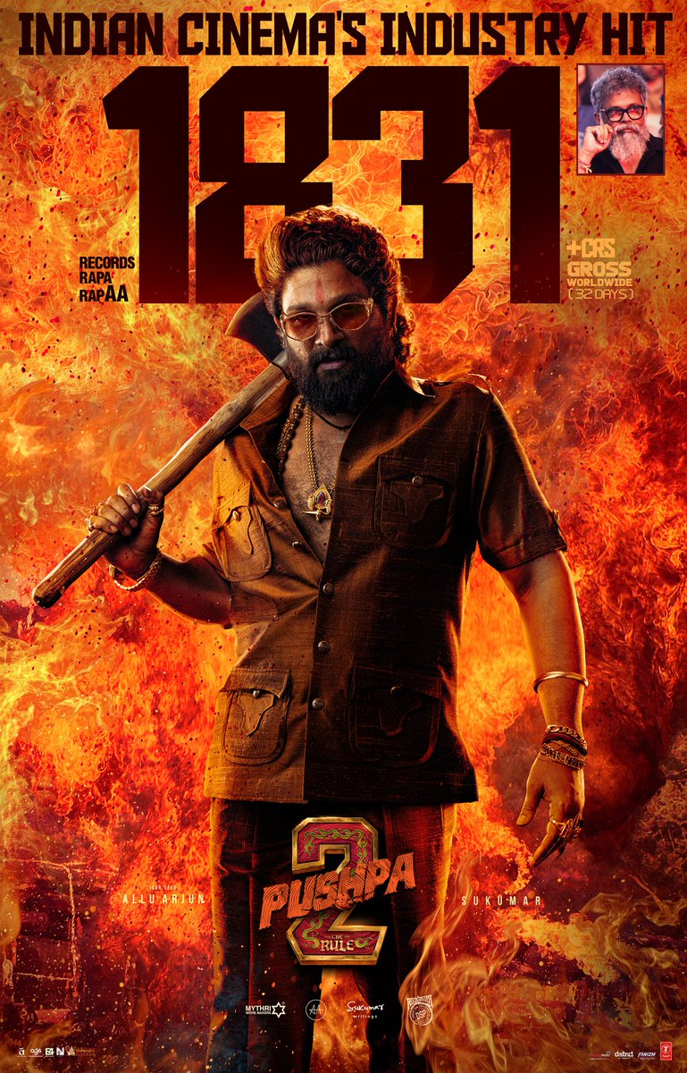 MythriOfficial's tweet photo. #Pushpa2TheRule is now Indian Cinema's INDUSTRY HIT with THE HIGHEST EVER COLLECTION FOR A MOVIE IN INDIA 🔥

The WILDFIRE BLOCKBUSTER crosses a gross of 1831 CRORES in 32 days worldwide 💥💥

#HistoricIndustryHitPUSHPA2

Book your tickets now!
🎟️ https://t.co/JhZ8uvxpZo

#Pushpa2
#WildFirePushpa

Icon Star @alluarjun @iamRashmika @aryasukku #FahadhFaasil @ThisIsDSP @resulp @NavinNooli @SukumarWritings @MythriOfficial @AAFilmsIndia @Ags_production @E4Emovies @NCinemasbly @MythriRelease @TSeries @Fanizm_Official @shreyasgroup @lifeindistrict