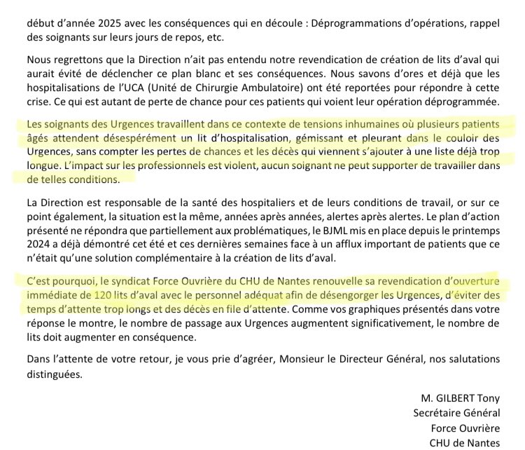 CHU de #Nantes

Plan blanc déclenché cette nuit aux urgences. Jusqu'à 30h d'attente avec plus de 150 patients. Deux patients sont décédés peu de temps après avoir attendu 33h pour l'un et plus de 20h pour l'autre.

FO revendique l’ouverture de 120 lits d’aval. Lettre ouverte ⬇️