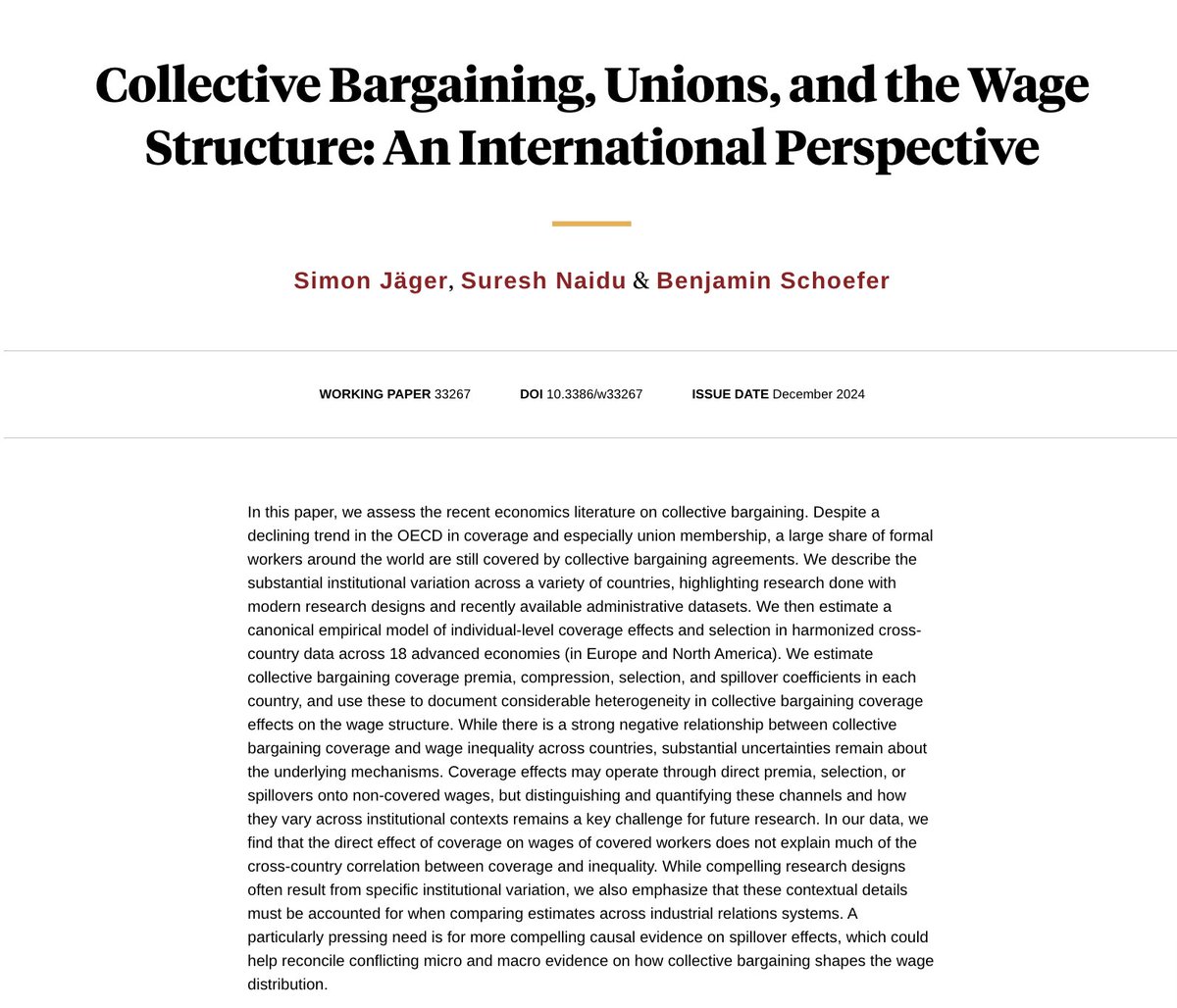ADAPT_bulletin's tweet image. #CollectiveBargaining, #Unions, and the #WageStructure: An International Perspective by @simon_jaeger @snaidunl and @Schoefer_B via 
@nberpubs nber.org/papers/w33315