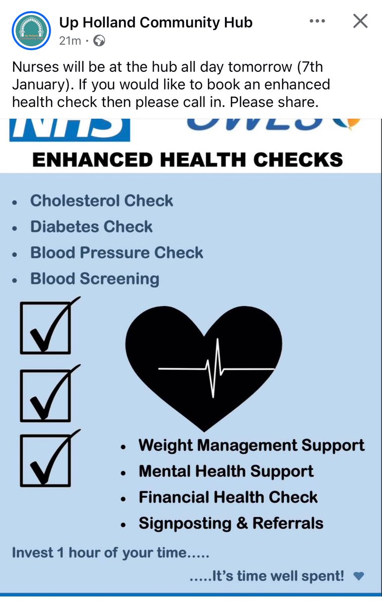 uphollandhub's tweet photo. #Nurses will be at the hub all day tomorrow (Tuesday 7th January).
If you would like to book an enhanced health check then please call in 👍
Please RT to help spread the word
#CholesterolCheck
#DiabetesCheck
#BloodPressure
#BloodScreening https://t.co/jfRbIx7vVB