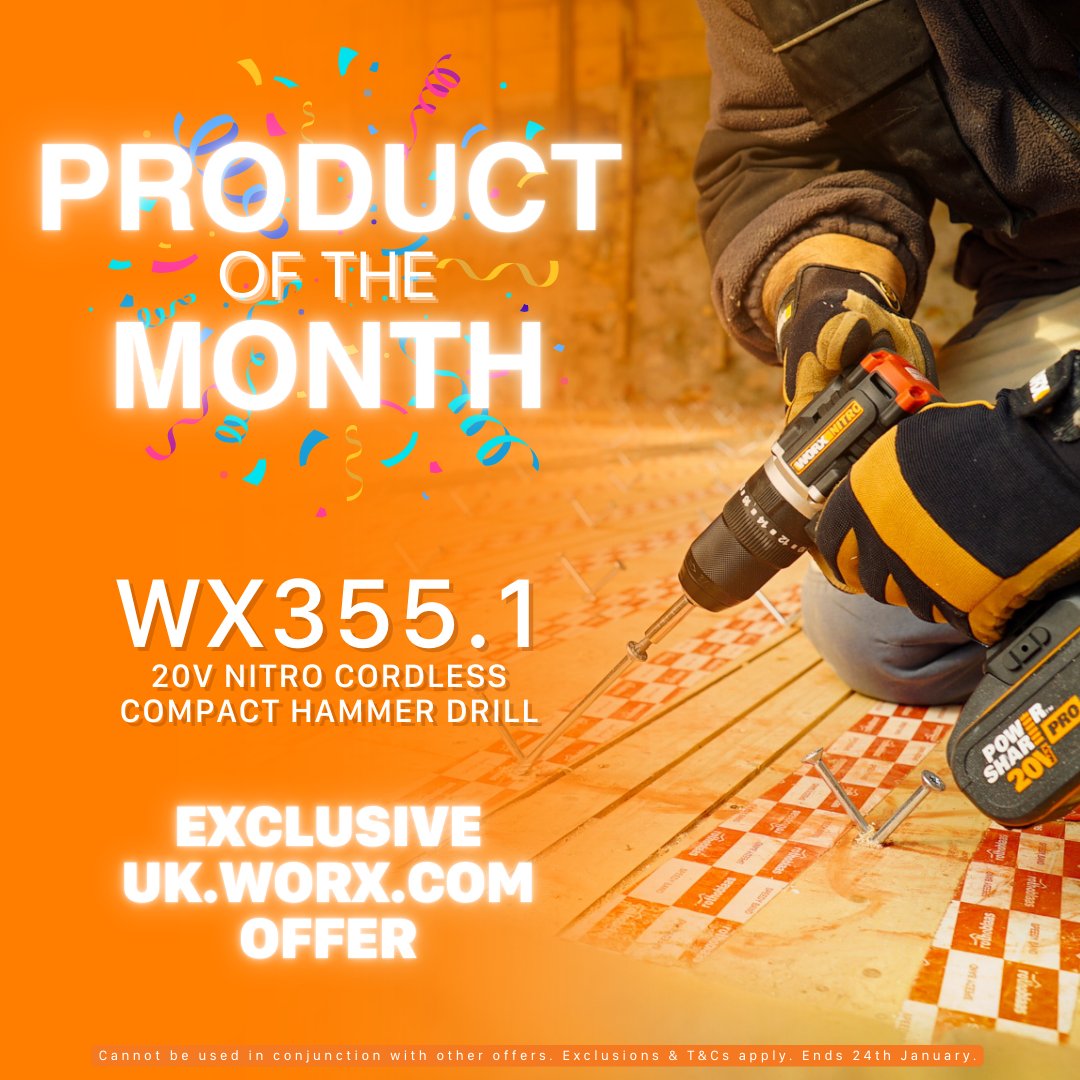 Unleash your power in 2025! 💪 Get your hands on the Worx WX355.1 Nitro Compact Hammer Drill. Ideal for new and seasoned DIYers, its innovative features will make every task a breeze! 🚀 
Save £30 on our Product of the Month now: bit.ly/4dJWCSE