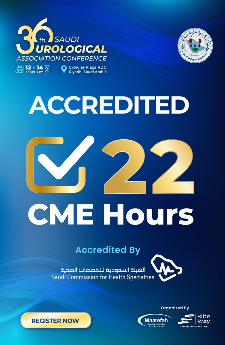 🎓 Earn 22 CME Hours!

The 36th Saudi Urological Association Conference is now accredited for 22 CME hours.

📅 February 12-14, 2025
📍 Crowne Plaza RDC, Riyadh

⏳ Secure your spot—Register Now: suac-sa.com/registration/
#SUAC2025