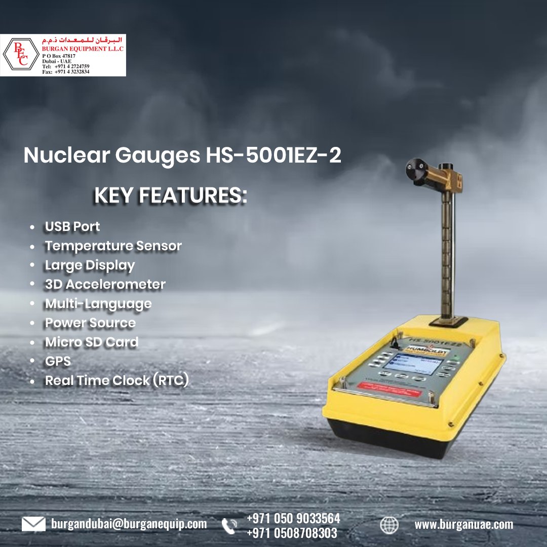 BURGANEQUIPMENT's tweet image. The HS-5001EZ-2 Nuclear Gauge is a sophisticated and accurate device used for measuring the density and moisture content of materials like soil and concrete. Key features include:
burganuae.com
+971 50 9033564
burganuae.com/wp-content/upl…
#NuclearGauge #DensityMeasurement