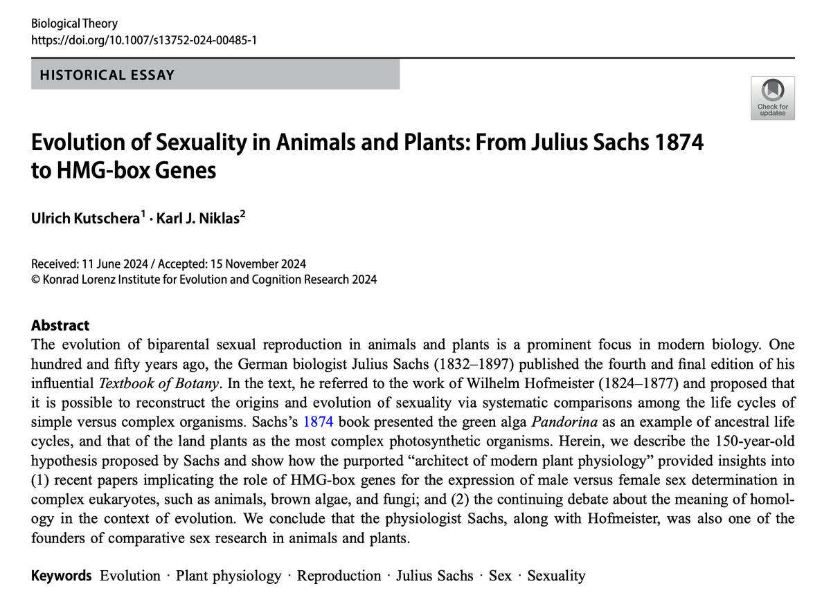 BiolTheory's tweet photo. ➡️New article out⬅️

"Evolution of Sexuality in Animals and Plants: From Julius Sachs 1874 to HMG-box Genes"

by Ulrich Kutschera &amp; Karl J. Niklas

Article link: https://t.co/BpYAzeFY1J https://t.co/NWvIkZ9VB9