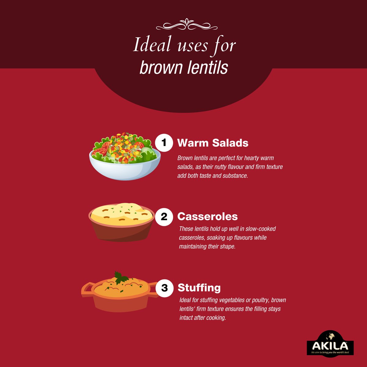 Are you a fan of brown lentils? 🌱 Let us know in the comments! 

#AkilaFoods #AkilaMoments #AkilaSA #AkilaFoodsSA #Foodie #Family #Recipe