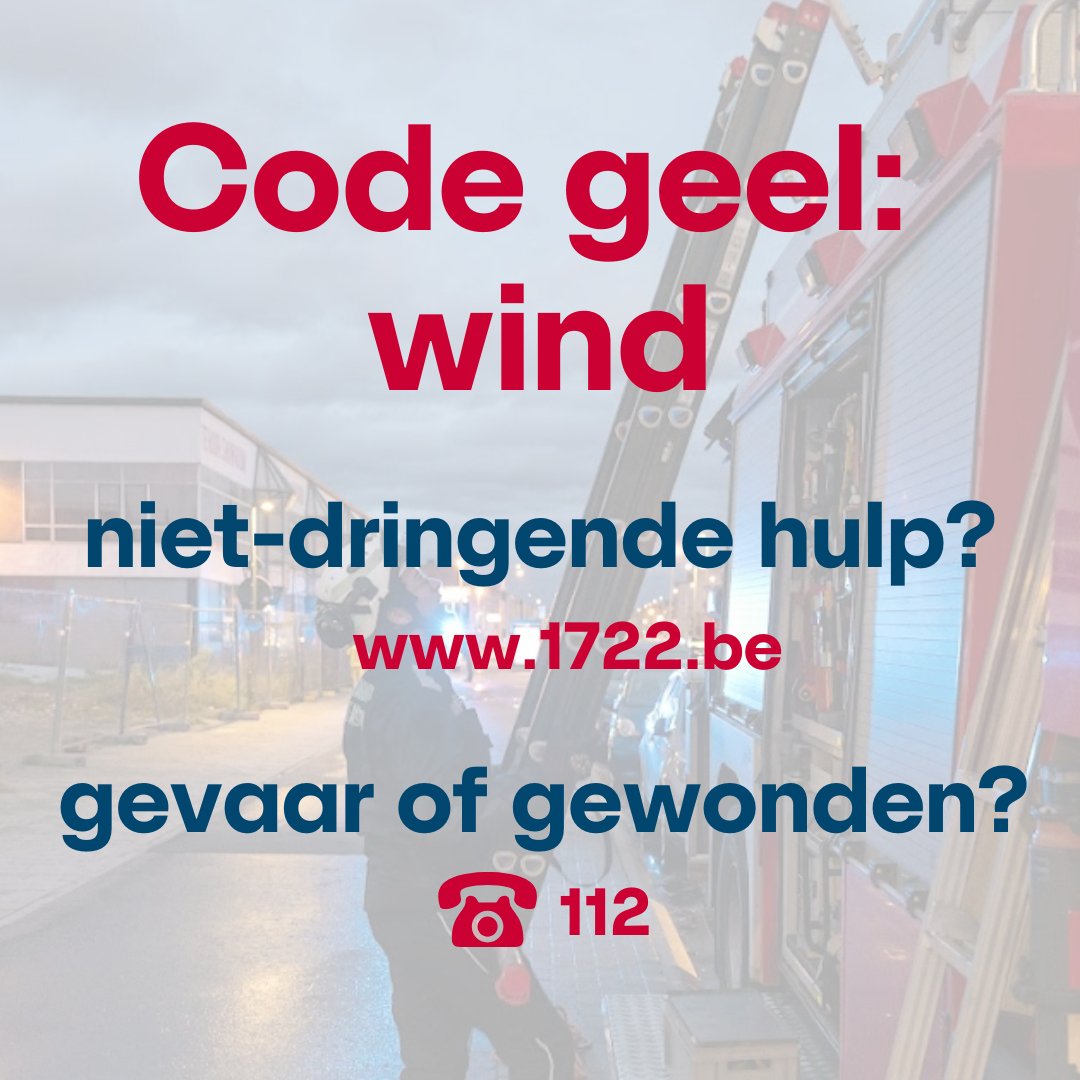 🟡 Vanaf deze middag 12 uur tot vanavond is het code geel voor wind in onze regio.

Heb je hulp nodig van de brandweer? Gebruik dan het e-loket via 1722.be en hou zo de noodnummers vrij voor noodgevallen.