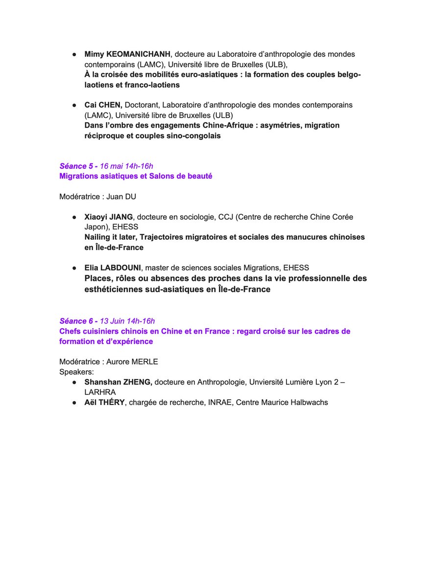 EASt a le plaisir de partager le programme 2025 du séminaire PopAsiE qui se tiendra à Sciences Po Paris.

Mimy KEOMANICHANH &amp; Cai CHEN interviendront lors de la 4ème session :  «Chassé-croisé migratoire et relations de couple. Couples belgo-franco-laotiens et sino-congolais»