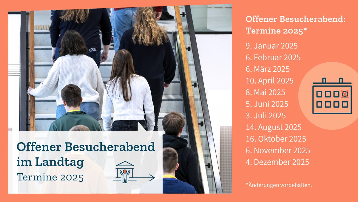 Spontan den #ltnds erkunden – das ist auch in diesem Jahr wieder möglich. Bei unseren regelmäßigen offenen Besucherabenden können Sie nach Feierabend und ohne Anmeldung zu einer Führung vorbeischauen. Die Termine gibt’s auf der Grafik und auf der Website:
landtag-niedersachsen.de/offener-besuch….