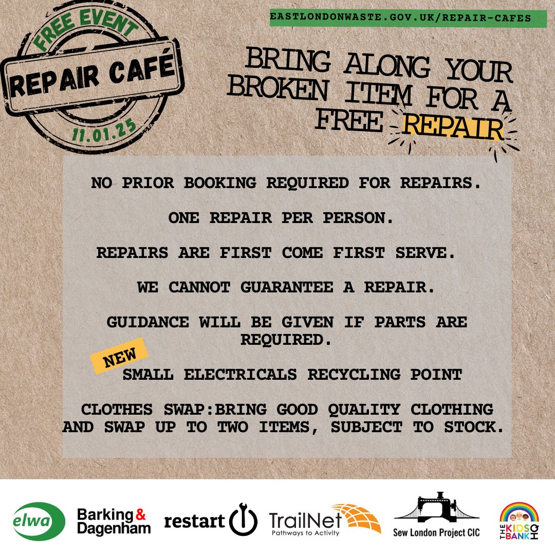 RecycleFYC (@recyclefyc) on Twitter photo Our next Free Repair Café is on Sat 11th January in partnership with <a href="/lbbdcouncil/">Barking and Dagenham Council</a>
Free repairs for: bikes, clothes and electricals!
♻️Small electricals recycling point at each of our Repair Cafes
Any electrical item with a plug or battery powered
🖱️tinyurl.com/22uxmdwp Our next Free Repair Café is on Sat 11th January in partnership with <a href="/lbbdcouncil/">Barking and Dagenham Council</a>
Free repairs for: bikes, clothes and electricals!
♻️Small electricals recycling point at each of our Repair Cafes
Any electrical item with a plug or battery powered
🖱️tinyurl.com/22uxmdwp