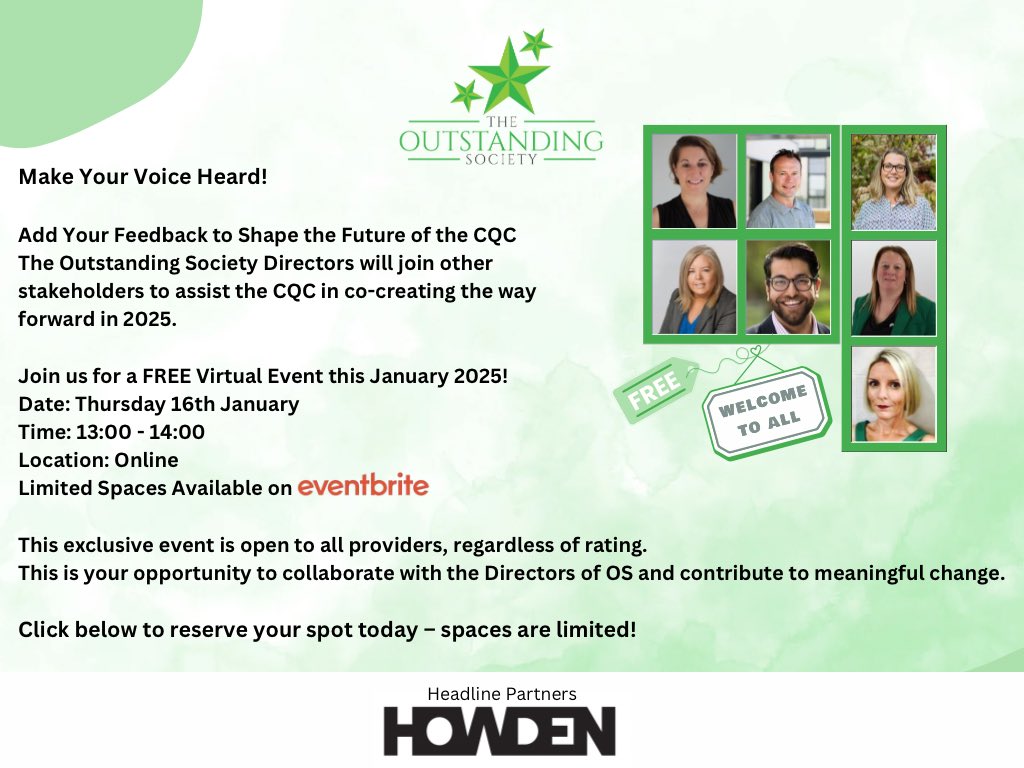 The Outstanding Society (@outstandingscic) on Twitter photo Join our Directors and “Make your voice heard” with our January virtual meeting.
Add your feedback to shape the future of the CQC.
The Outstanding Society Directors will join other stakeholders to assist the <a href="/CareQualityComm/">Care Quality Commission</a> in co-creating the way forward in 2025.
This is Join our Directors and “Make your voice heard” with our January virtual meeting.
Add your feedback to shape the future of the CQC.
The Outstanding Society Directors will join other stakeholders to assist the <a href="/CareQualityComm/">Care Quality Commission</a> in co-creating the way forward in 2025.
This is