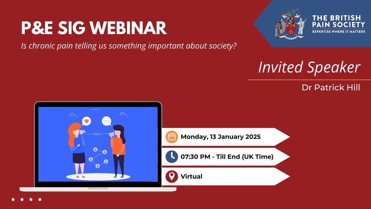 The British Pain Society (@britishpainsoc) on Twitter photo 🌍 Webinar Alert
🗓️ 13th January | ⏰ 19:30 GMT
💬 "Is chronic pain telling us something important about society?"
Dr. Patrick Hill explores:
🔹 Why chronic pain is more common in women.
🔹 How early life experiences shape health.
📧 Register now: tilford.maureen@gmail.com 🌍 Webinar Alert
🗓️ 13th January | ⏰ 19:30 GMT
💬 "Is chronic pain telling us something important about society?"
Dr. Patrick Hill explores:
🔹 Why chronic pain is more common in women.
🔹 How early life experiences shape health.
📧 Register now: tilford.maureen@gmail.com