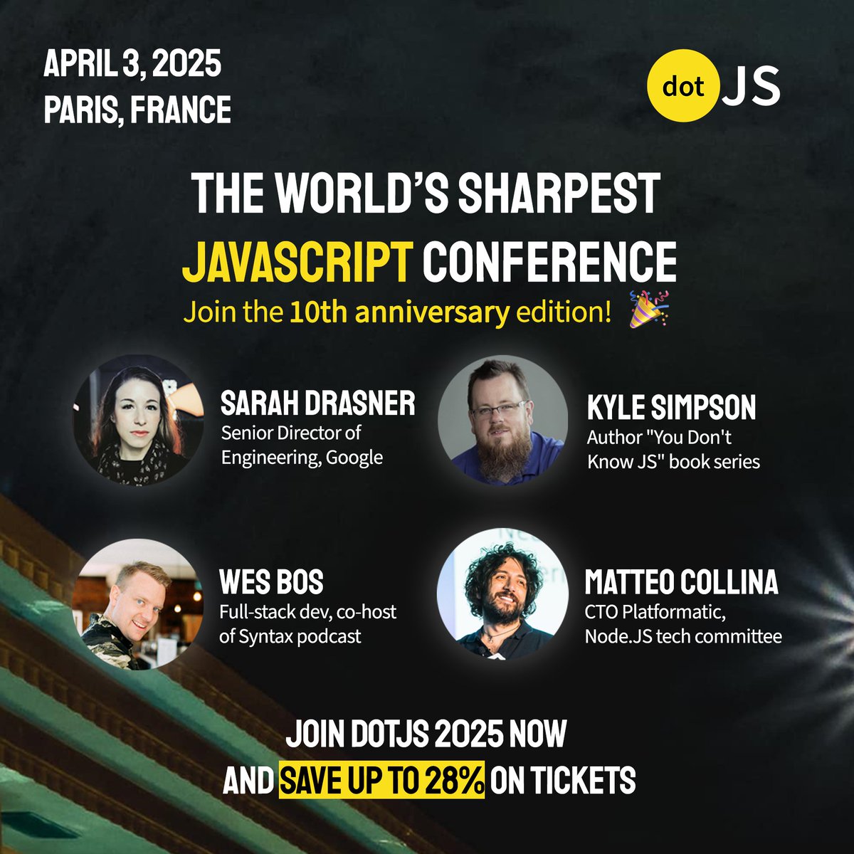dotJS's tweet image. 🌟We&apos;re delighted to announce the first speakers of #dotJS2025, April 3rd in Paris!

We&apos;re very excited to welcome @sarah_edo, @getifyX, @wesbos and @matteocollina 🎉

➡️Sarah is Senior Director of Engineering, Core Web, Android, iOS and Multiplatform Infrastructure at Google…