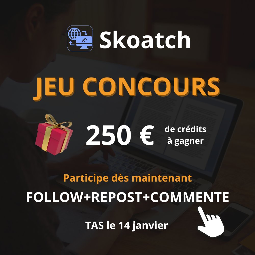 Oyonyx 🕸️🦅 (@oyonyx) on Twitter photo 🎁 JEU CONCOURS 🎁
250 € de crédits à gagner avec <a href="/SkoatchAI/">Skoatch, vos articles complets en quelques minutes</a> !
2 gagnants seront tirés au sort :
🥇 Pack "content basic" à 199€
🥈 Pack "content starter" à 49€
Pour participer :
Follow <a href="/oyonyx/">Oyonyx 🕸️🦅</a> et <a href="/SkoatchAI/">Skoatch, vos articles complets en quelques minutes</a> + Repost + Commente
Fin du concours le 13/01 et TAS le 14/01 🎁 JEU CONCOURS 🎁
250 € de crédits à gagner avec <a href="/SkoatchAI/">Skoatch, vos articles complets en quelques minutes</a> !
2 gagnants seront tirés au sort :
🥇 Pack "content basic" à 199€
🥈 Pack "content starter" à 49€
Pour participer :
Follow <a href="/oyonyx/">Oyonyx 🕸️🦅</a> et <a href="/SkoatchAI/">Skoatch, vos articles complets en quelques minutes</a> + Repost + Commente
Fin du concours le 13/01 et TAS le 14/01
