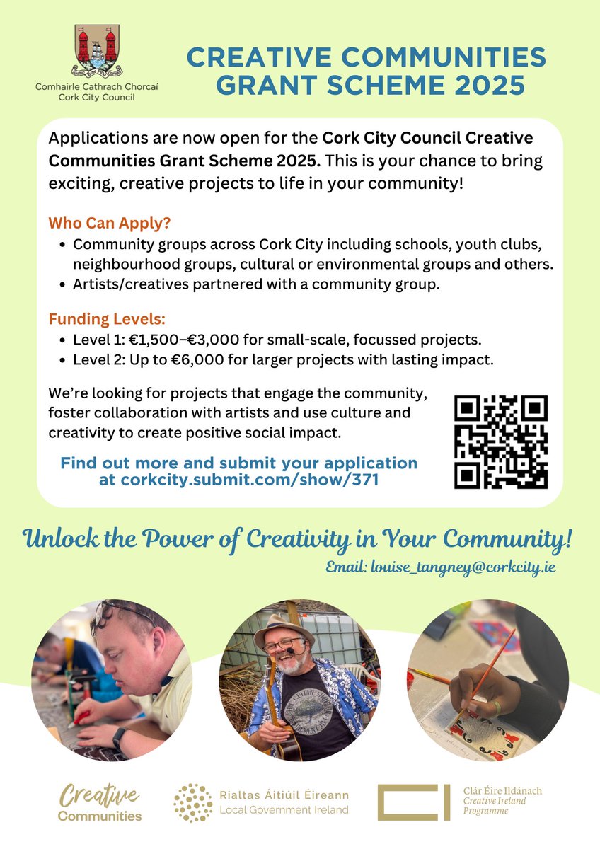 Cork City Arts (@corkcityarts) on Twitter photo Ready to bring creativity to your community in 2025? Our #CreativeCommunities Grant Scheme is open for applications till Wed 12 Feb! Funded by <a href="/creativeirl/">Creative Ireland</a>, the scheme supports community groups and artists in projects that inspire, transform, and leave a lasting impact. Details👇 Ready to bring creativity to your community in 2025? Our #CreativeCommunities Grant Scheme is open for applications till Wed 12 Feb! Funded by <a href="/creativeirl/">Creative Ireland</a>, the scheme supports community groups and artists in projects that inspire, transform, and leave a lasting impact. Details👇