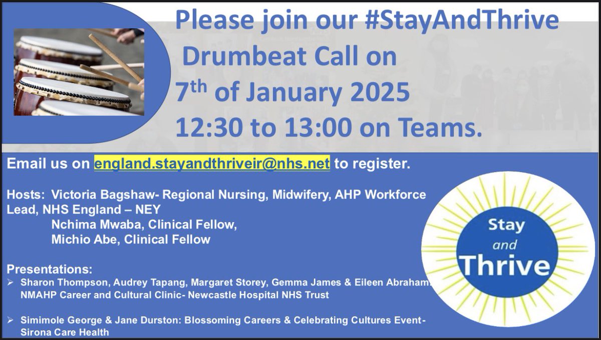 #StayAndThrive (@stayandthrive) on Twitter photo Happy New Year everyone! We are all inviting you to join us for tomorrow’s exciting drumbeat session. A lot of learnings and sharing of best practices!🥳please see details below👇 <a href="/nchimamc/">Nchima</a> <a href="/IamMarkD/">Mark Doblas</a> <a href="/VBagshaw/">MyNameIs Victoria</a> <a href="/shannontfarrell/">Shannon 🌈 (she/her)</a> <a href="/Mymy_DelRos/">Mymy Sia-Del Rosario (she/her)</a> <a href="/MayflorBernal/">Mayflor Bernal</a> <a href="/DevonSkyrme/">Devon Marsh</a> <a href="/EdCoxNHS/">Ed Cox 💙</a> Happy New Year everyone! We are all inviting you to join us for tomorrow’s exciting drumbeat session. A lot of learnings and sharing of best practices!🥳please see details below👇 <a href="/nchimamc/">Nchima</a> <a href="/IamMarkD/">Mark Doblas</a> <a href="/VBagshaw/">MyNameIs Victoria</a> <a href="/shannontfarrell/">Shannon 🌈 (she/her)</a> <a href="/Mymy_DelRos/">Mymy Sia-Del Rosario (she/her)</a> <a href="/MayflorBernal/">Mayflor Bernal</a> <a href="/DevonSkyrme/">Devon Marsh</a> <a href="/EdCoxNHS/">Ed Cox 💙</a>