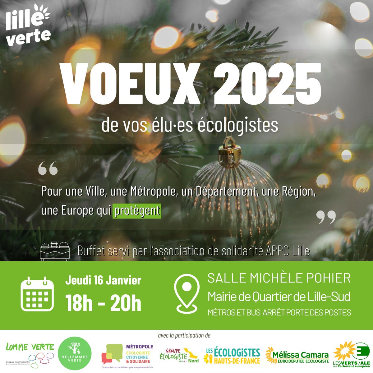 lilleverte's tweet image. 🎉 Nous vous présentons nos meilleurs voeux pour cette nouvelle année ! Et pour bien la démarrer, nous vous proposons de nous retrouver lors d'un moment convivial jeudi 16 janvier à 18h en compagnie des élu•es écologistes du territoire 👥️ ⤵️