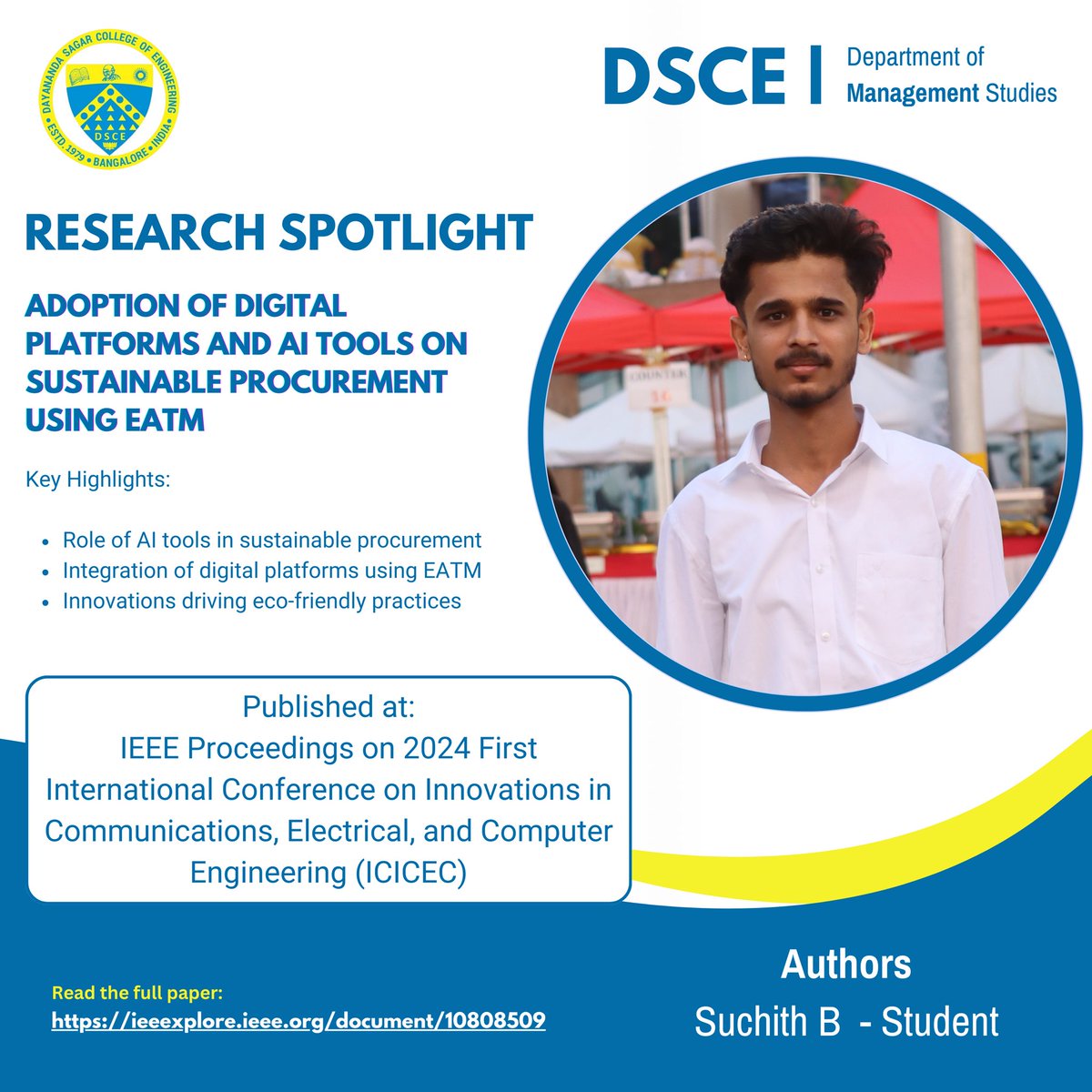 dscedomsvtu's tweet photo. 🎉 Big news! The paper by Suchith B. &amp; Ganesha K.S., "Adoption of Digital Platforms &amp; AI Tools on Sustainable Procurement Using EATM," is now published in IEEE Proceedings from #ICICEC2024! 🌿

Read it here: https://t.co/s5fJJ08wDG

#Innovation #AI #Sustainability #DSCEDOMS https://t.co/uccXOzB5mm