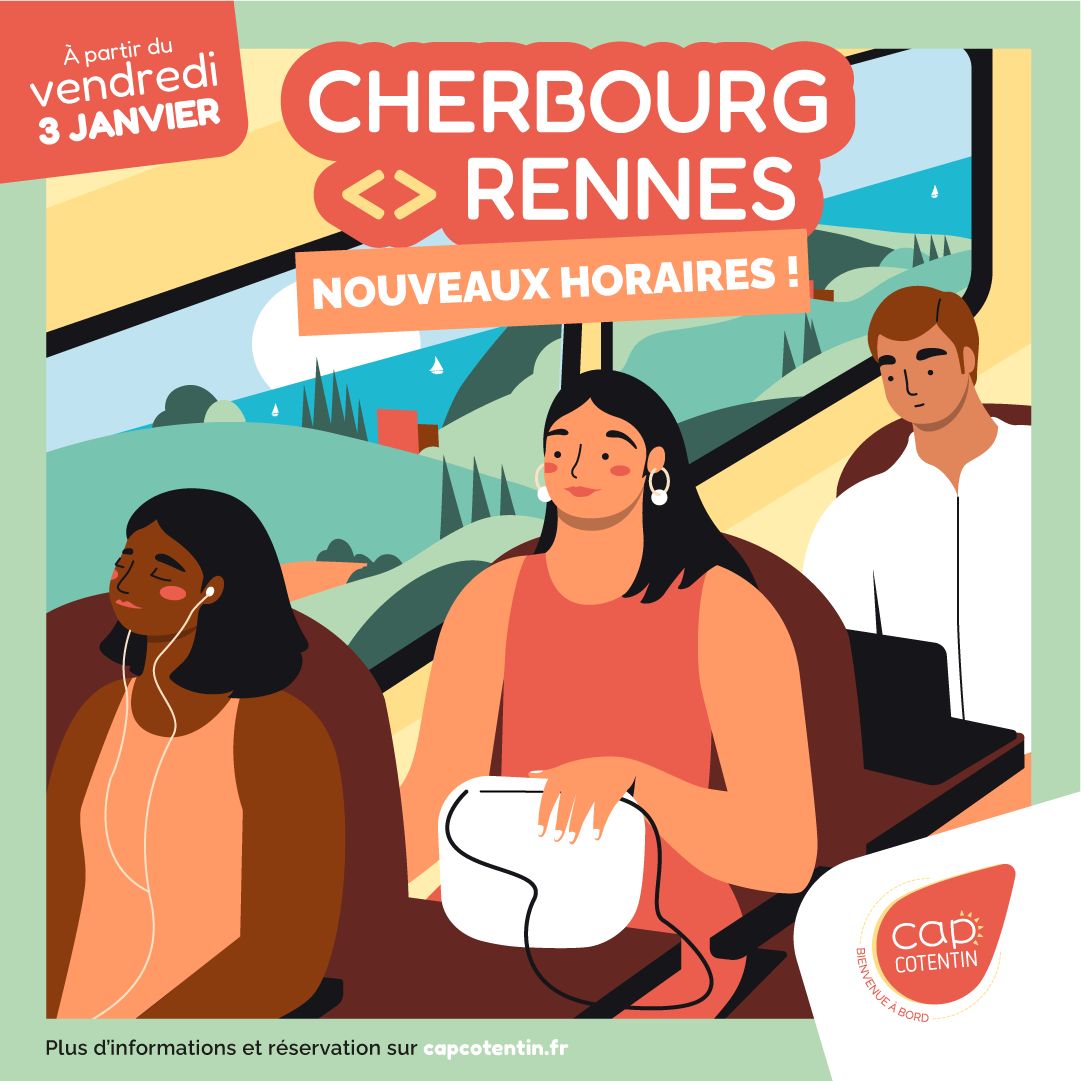 [Cherbourg &lt;&gt; Rennes] 🚌

Nouveaux ! Les horaires de la ligne Cherbourg &lt;&gt; Rennes évoluent pour s'adapter à vos besoins !

👉Plus d'infos et réservation ici ➡️ capcotentin.fr/la-ligne-cherb…

#capacotentin #bienvenueabord
