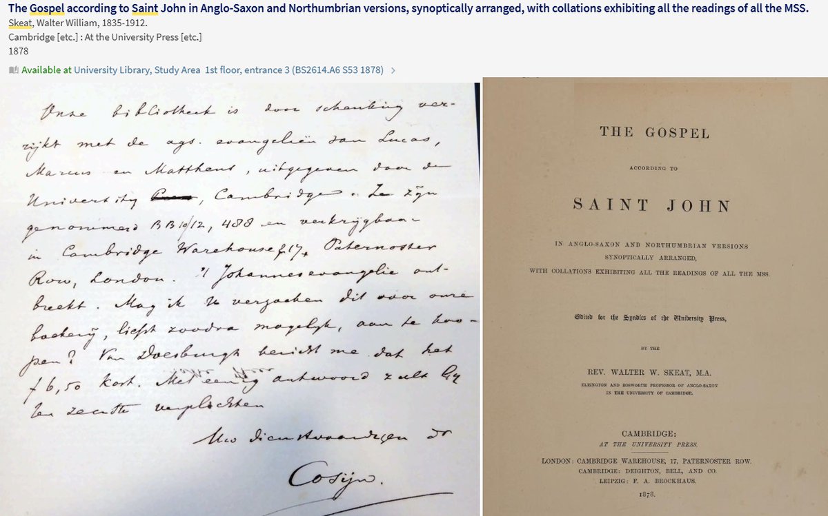 On 2 March, 1879, P.J. Cosijn, Leiden's first professor of Old Germanic and Anglo-Saxon, asked the Leiden librarian to buy Skeat's edition of the Old English Gospel of Saint John - the book (as well as the letter) is still available to read in <a href="/ubleiden/">UBLeiden</a>  today! :)