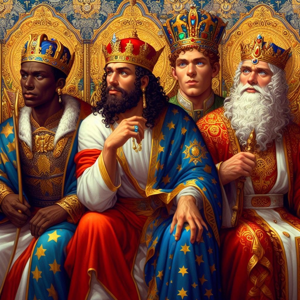 Primero, fueron magus diferenciados etapas de la vida para representar al Hombre.

Luego la tradición belenista les dió coronas y les asigno razas para para representar que todas las naciones se inclinan ante Dios.

S.S. Benedicto XVI nos reveló un cuarto Rey Mago de Hesperia.