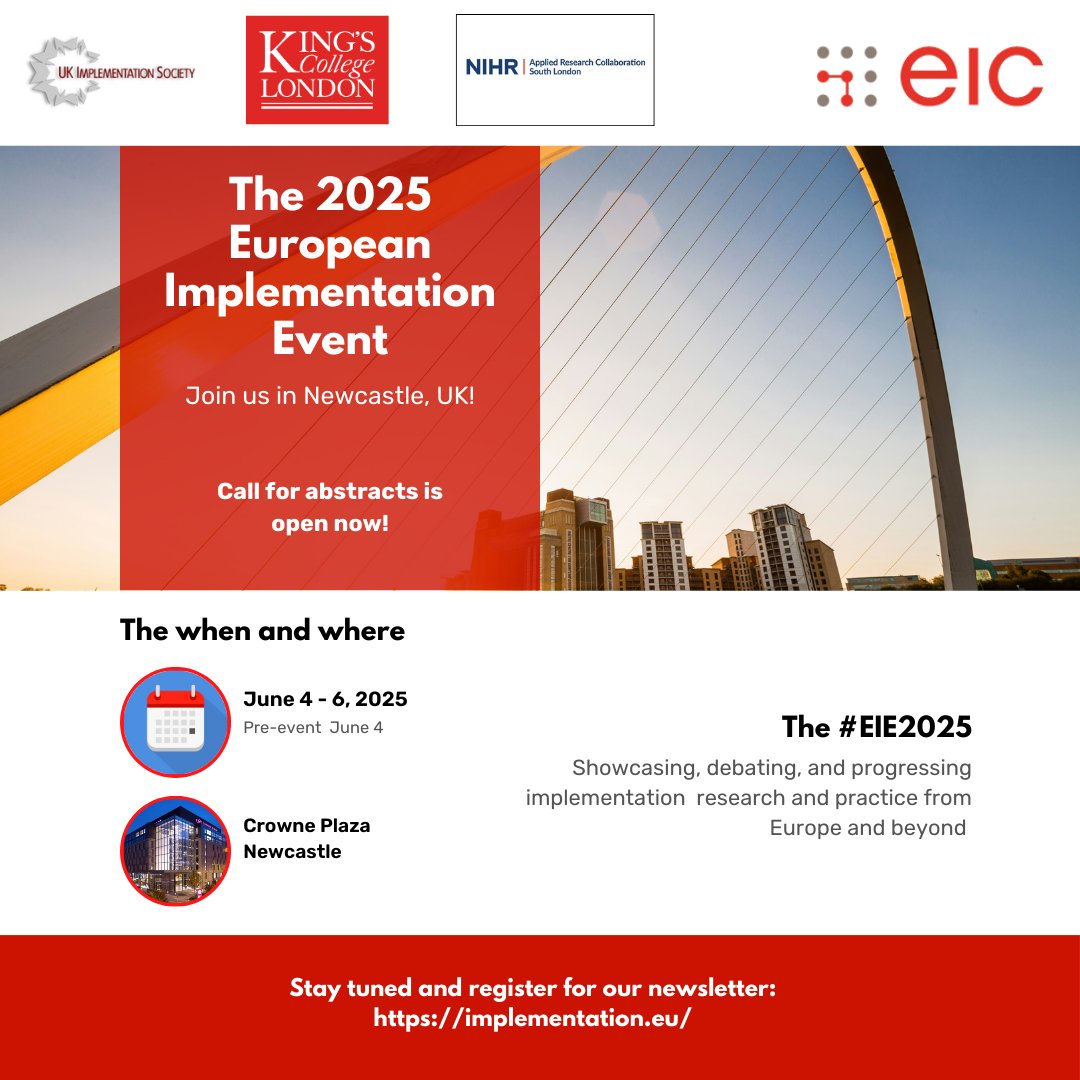 Interested in the #implementation of research findings in routine human service practice? The #EIE2025 brings #impsci enthusiasts worldwide to Newcastle upon Tyne in June 2025! Interactive sessions, exciting keynotes, networking, and much more: implementation.eu/eie2025/