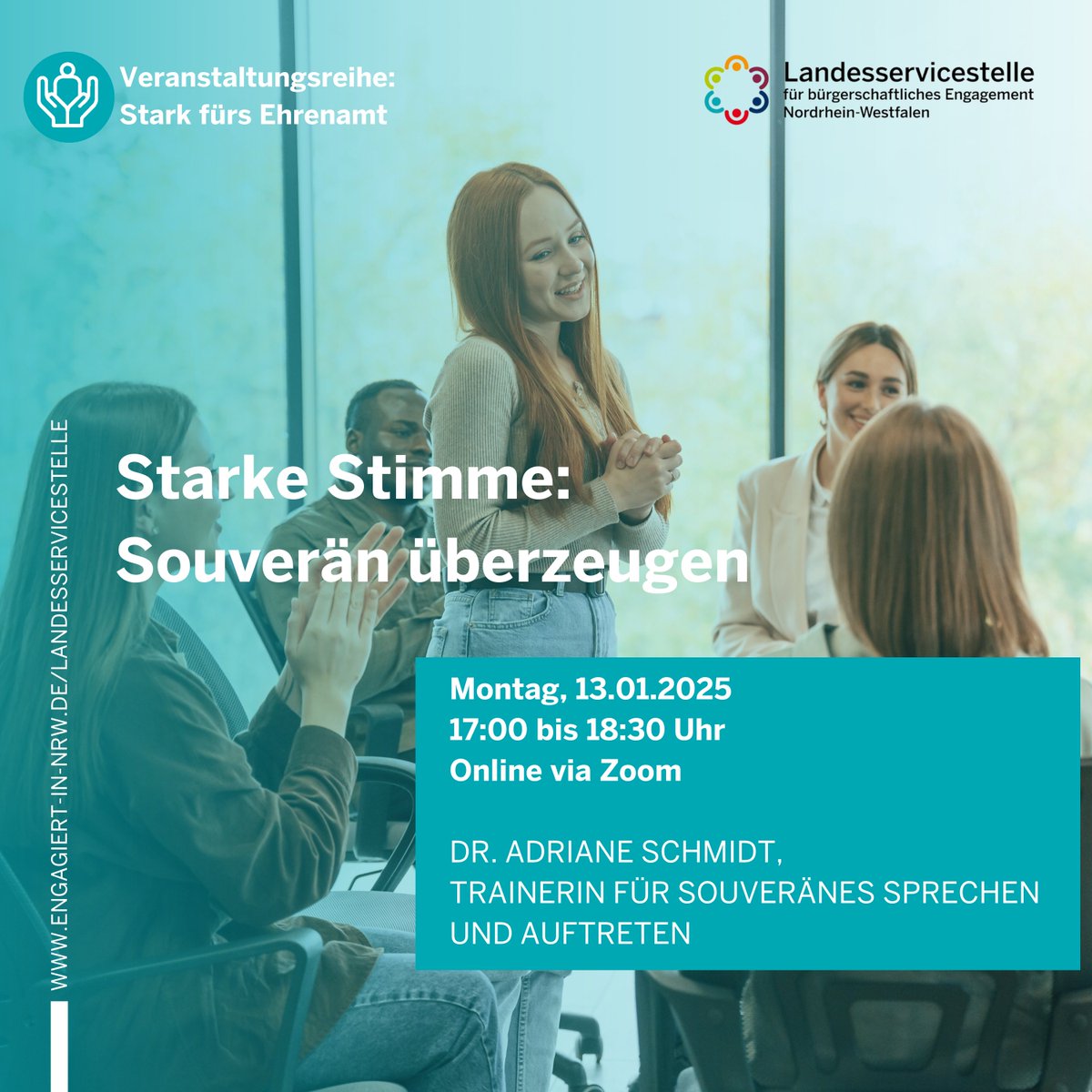 Engagiert in NRW (@engagiertinnrw) on Twitter photo Ihr wollt mit eurer #Stimme überzeugen? 🗣️Kostenfreier Online-Workshop von <a href="/ENGAGIERTinNRW/">Engagiert in NRW</a> mit Dr. Adriane Schmidt
📅 13.01.2025, 🕔17:00 Uhr
🔗 Anmelden: …staltungen-landesservicestelle-nrw.de/stark-fuers-eh…
#ENGAGIERTinNRW #StarkFürsEhrenamt Ihr wollt mit eurer #Stimme überzeugen? 🗣️Kostenfreier Online-Workshop von <a href="/ENGAGIERTinNRW/">Engagiert in NRW</a> mit Dr. Adriane Schmidt
📅 13.01.2025, 🕔17:00 Uhr
🔗 Anmelden: …staltungen-landesservicestelle-nrw.de/stark-fuers-eh…
#ENGAGIERTinNRW #StarkFürsEhrenamt