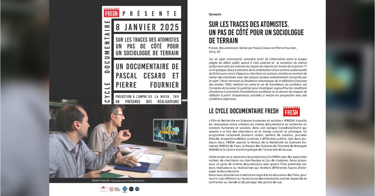 #Projection | "Sur les traces des atomistes. Un pas de côté pour un sociologue de terrain", un documentaire de Pierre Fournier et Pascal Cesaro. Le 8/1 à 18h, amphi MRSH. Entrée libre. bit.ly/3Wvm3Sv