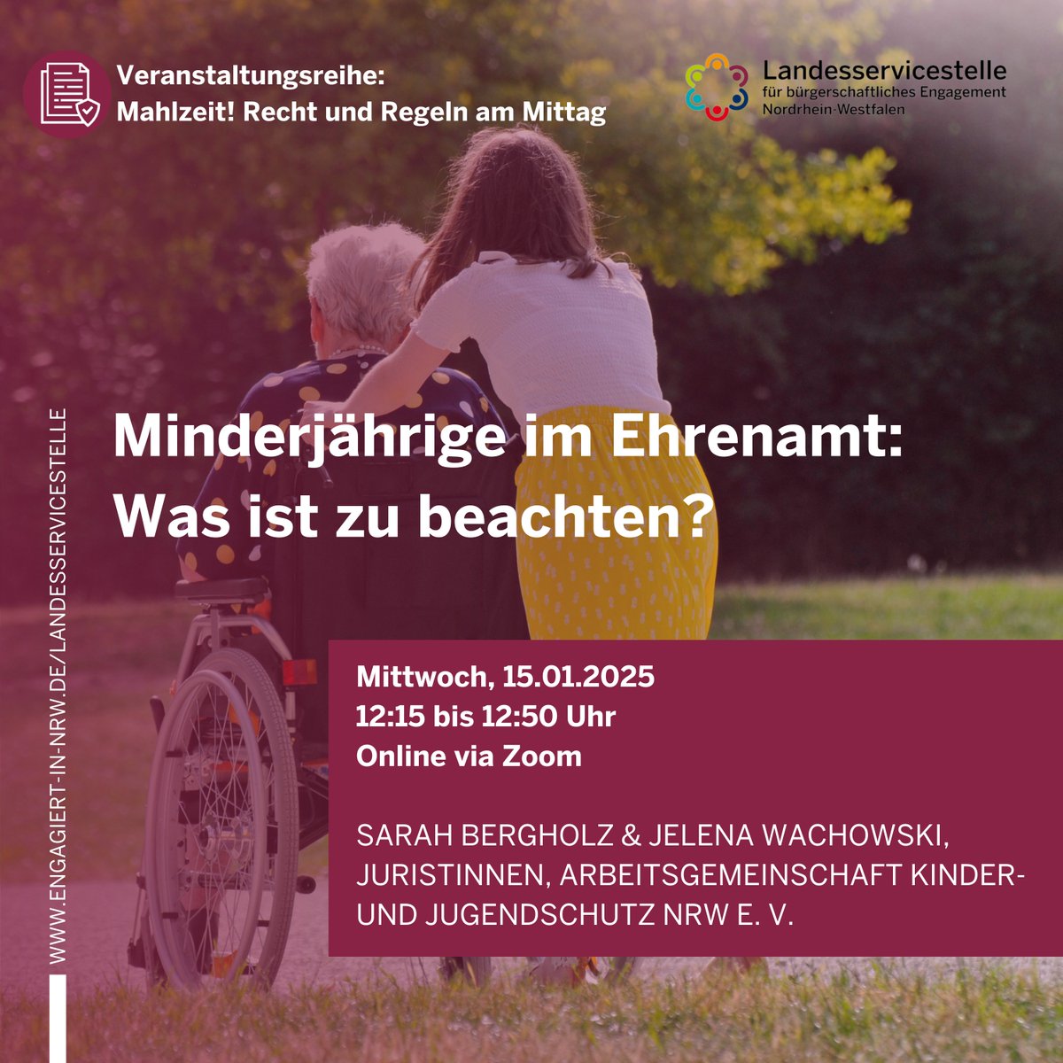 Minderjährige im #Ehrenamt: Was ist zu beachten? Welche Gesetze gelten? 📋 Kostenfreies Live-Webinar von <a href="/ENGAGIERTinNRW/">Engagiert in NRW</a> mit <a href="/ajs_nrw/">AJS NRW</a>
📅 15.01.2025, 🕔12:15 Uhr
🔗 Anmelden: …staltungen-landesservicestelle-nrw.de/recht-regeln/m…
#ENGAGIERTinNRW #RechtUndRegeln