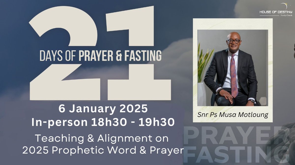 HouseofDestinyC's tweet photo. Thank you for joining our 5 a.m. prayer this morning.

We hope to see you at 18h30 this evening for our 1 hour of Prayer with Pastor Musa.

Remember we will be having in person prayers every Monday, Wednesday and Friday at 18h30. 

Day1of21daysofprayer #fasting #doubleblessing https://t.co/8YWCDSG2n3