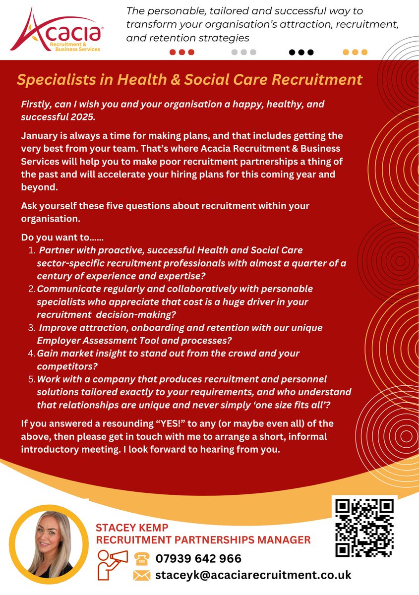 Health &amp; Social Care connections - if you are either looking for talented staff or you are looking for a great new role, please see the attached.
Tailored, professional, successful Health &amp; Social Care recruitment solutions.
#healthandsocialcare
#recruitment
#businessservices