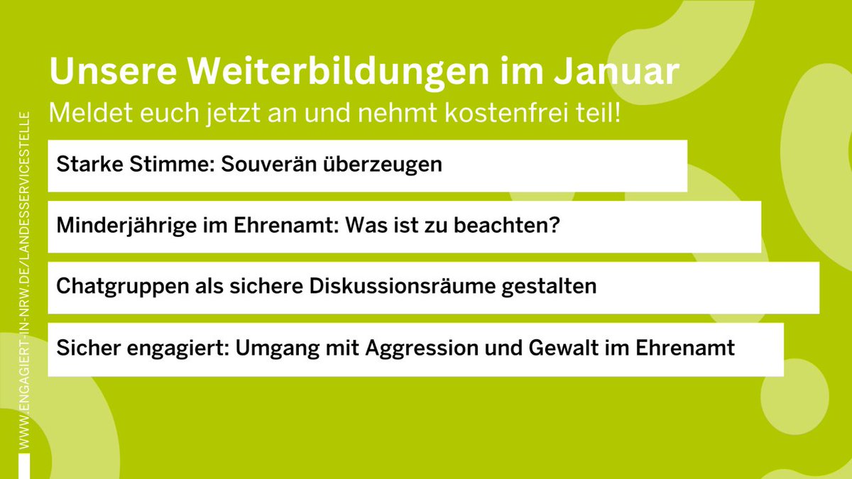 Unsere Webinare und Online-Workshops für Engagierte im Januar: engagiert-in-nrw.de/aktuelle-meldu…

#weiterbildung #nrw #engagement #ehrenamt