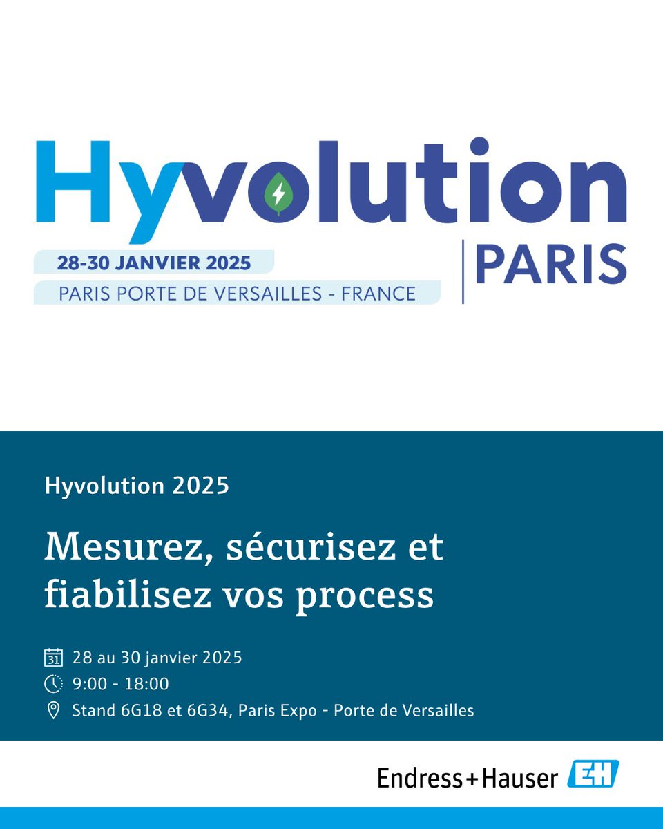 Du 28 au 30/01, retrouvez #EndressHauser à <a href="/Hyvolution/">Hyvolution</a> Paris 2025 sur nos deux stands (6G18 et 6G34) pour échanger autour de l’#Hydrogène et de ses défis.

Créez votre badge dès maintenant 👉 eh.digital/49VYU13

#TransitionEnergetique #Hyvolution2025