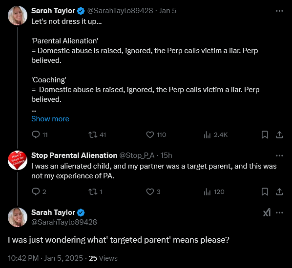 Can someone explain to Sarah Taylor!

"I was just wondering what' targeted parent' means please? "

#ParentalAlienation