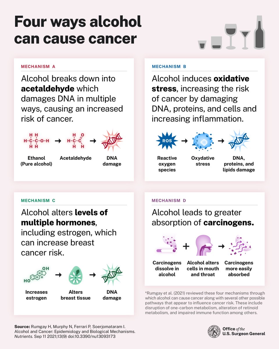 Last week, the US <a href="/Surgeon_General/">U.S. Surgeon General</a> released an Advisory stating that drinking alcohol can increase cancer risk, and calling for warning labels on alcoholic beverages.

They also cited our work in the report and in their infographic on how alcohol can cause cancer!